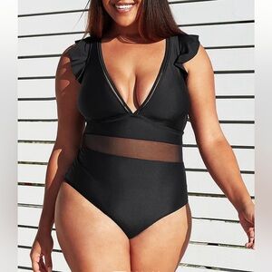 NEW CUPSHE one piece flutter sleeve sheer middle bathing suit size Small Size 1X